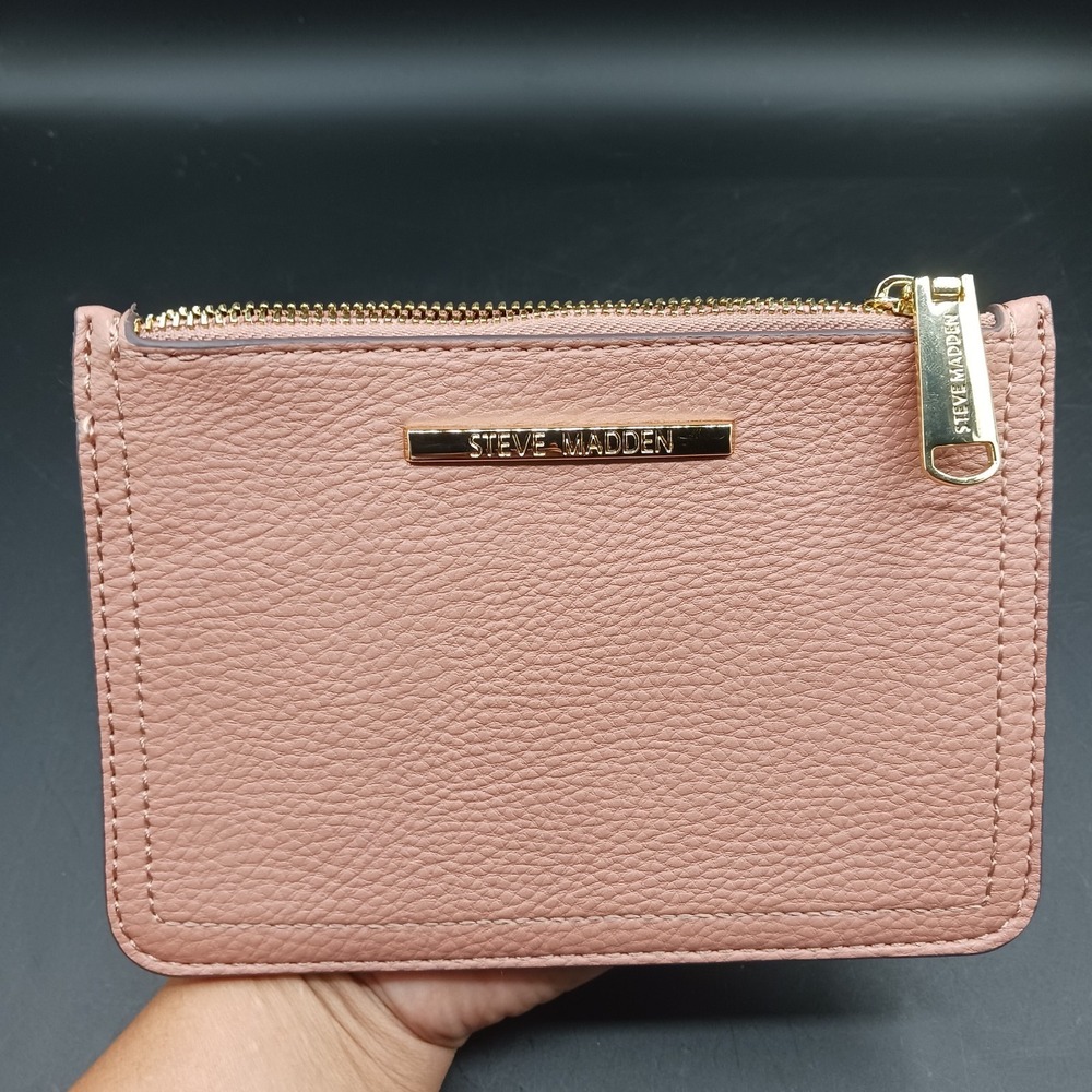 Steve Madden Pouch Pink Leather Gold Accents Blk Cloth Logo Interior Makeup